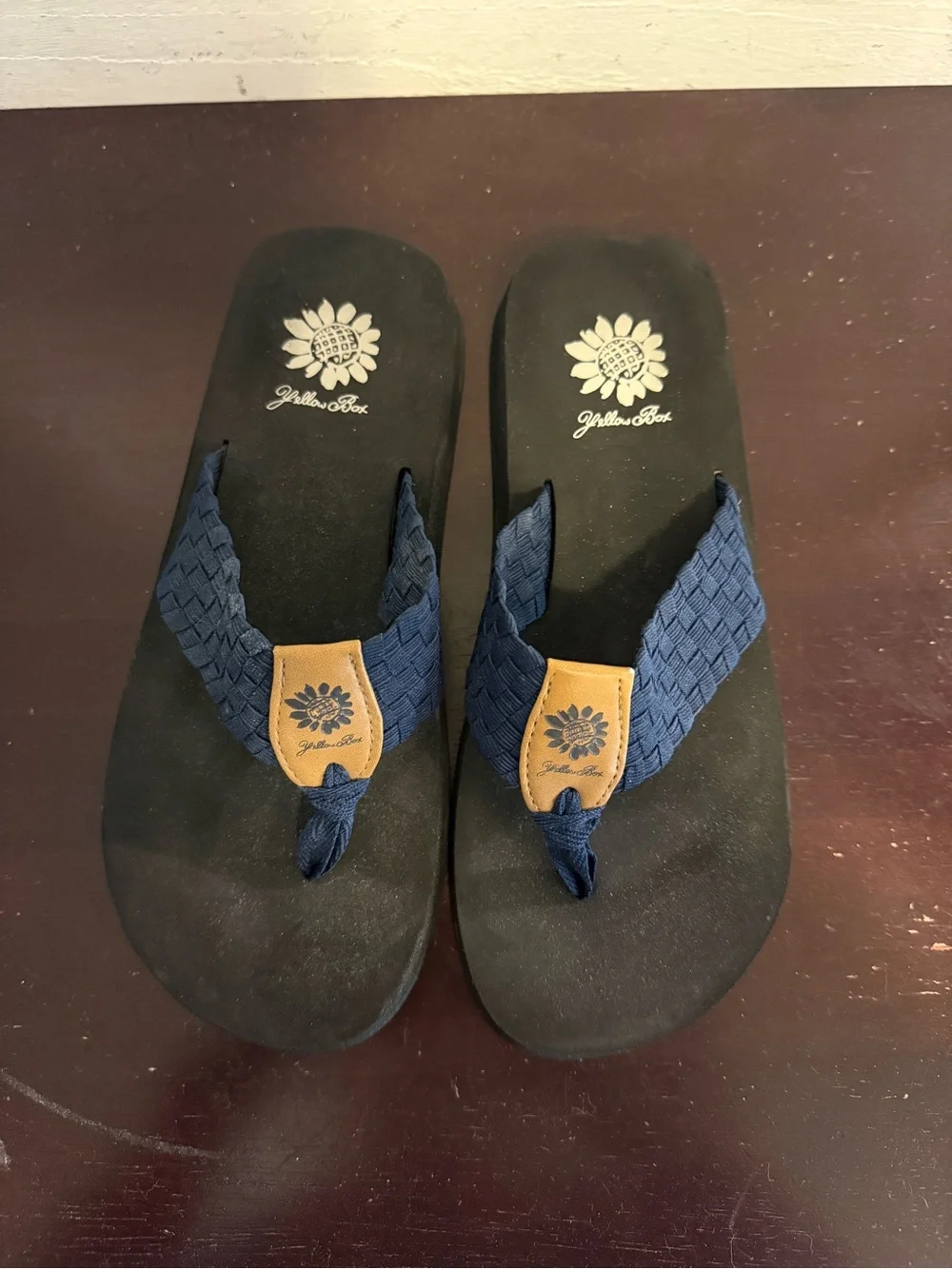 💙 Yellow Box Finwick Comfort Wedge Flip Flops | Size 7 | Navy & Black | EUC - Picture 2 of 5